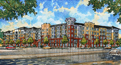 Perspective View from Richmond and Milam of Proposed Courtyard on Richmond Apartments