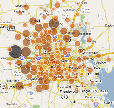 Partial View of Map from Houston Chronicle Showing Locations of Foreclosures in Houston, 2007