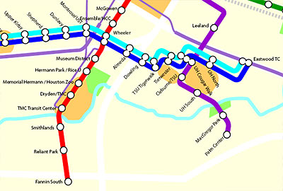 Closeup of Planned Metro Light Rail Routes in Southeast Houston