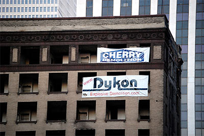 Cherry Demolition Sign on Montague Hotel Before Demolition, Houston