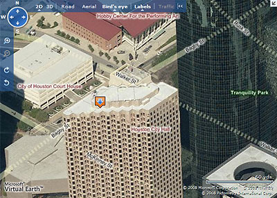 Live Search Maps Aerial View of Downtown Houston with New Street Highlighting and Labels