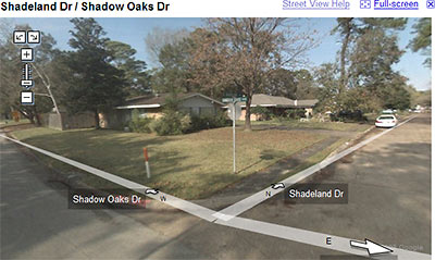 Google Maps Streetview of Corner of Shadeland Dr. and Shadow Oaks Dr., Houston