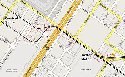 Map Showing Proposed Alignments of East End and Southeast Light Rail, East Downtown, Houston