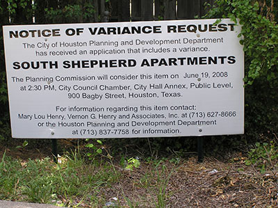 Variance Request Sign for South Shepherd Apartments, Houston