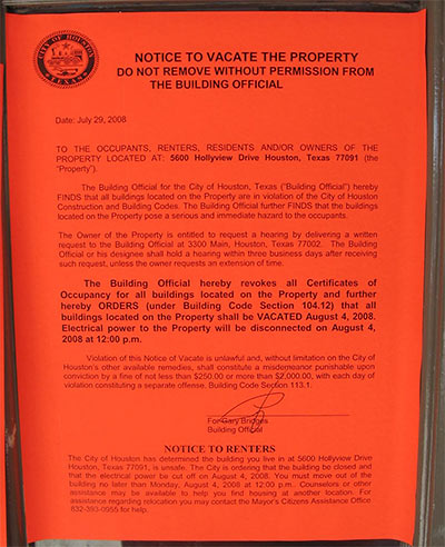 Notice to Vacate, Gables of Inwood Apartments, 5600 Holly View Dr., Houston