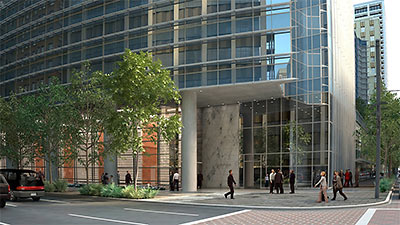 View of Rusk St. Lobby Entrance, MainPlace, Main and Rusk, Downtown Houston