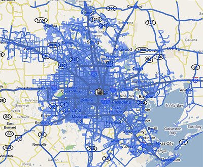 Map Showing Coverage of Google Street View in Houston