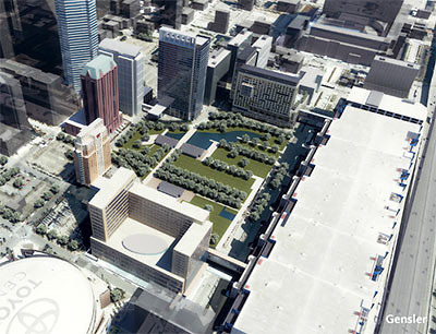 Aerial View of Discovery Green and Discovery Tower, Downtown Houston