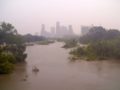 Buffalo Bayou Overflowing with Downtown Houston in the Distance, Hurricane Ike