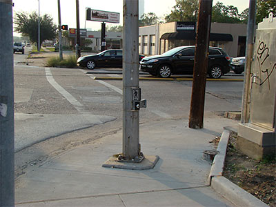 Pole in Ramp at Corner of Richmond and Weslayan, Greenway Commons, Houston