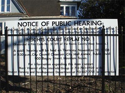 Public Hearing Sign at 1101 Heights Blvd., Houston Heights