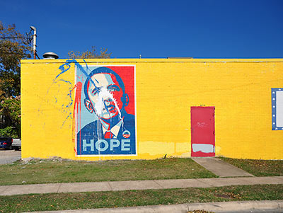 Mural of Shepard Fairey's Obama Hope Poster, 3710 Travis St. at West Alabama, Midtown Houston, December 2010