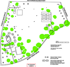 Map Showing Planned Locations of New Trees at Meadowcreek Village Park, Meadowcreek Village, Houston
