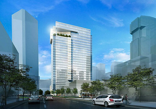 Proposed Design for 6 Houston Center Office Tower, on Block Surrounded by Walker, Caroline, Rusk, and San Jacinto Streets, Downtown Houston