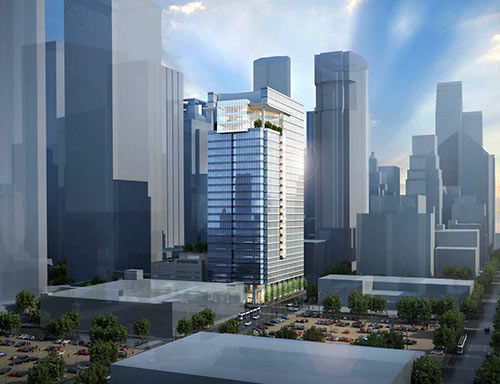 Proposed Design for 6 Houston Center Office Tower, on Block Surrounded by Walker, Caroline, Rusk, and San Jacinto Streets, Downtown Houston