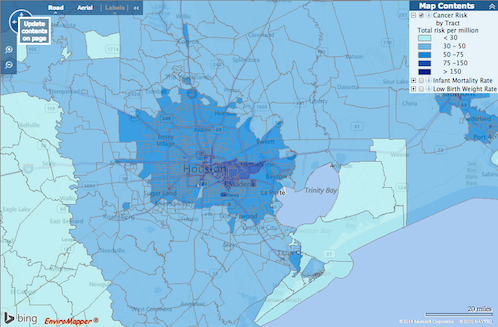 Screenshot of EPA Map of Houston Showing Relative Cancer Risk from Air Toxics