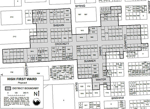 Map Showing Boundaries of Proposed High First Ward Historic District, Houston
