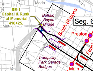 Map Showing Metro Bridge over Buffalo Bayou, West Downtown, Houston
