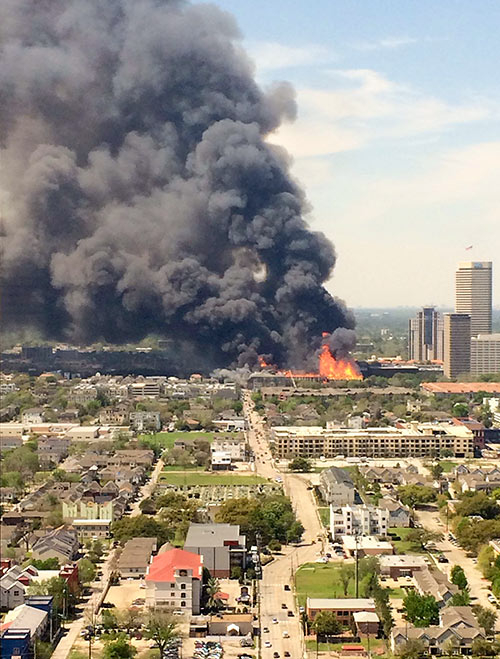 View from Downtown of Fire at Axis Apartments, 2400 West Dallas St., North Montrose, Houston