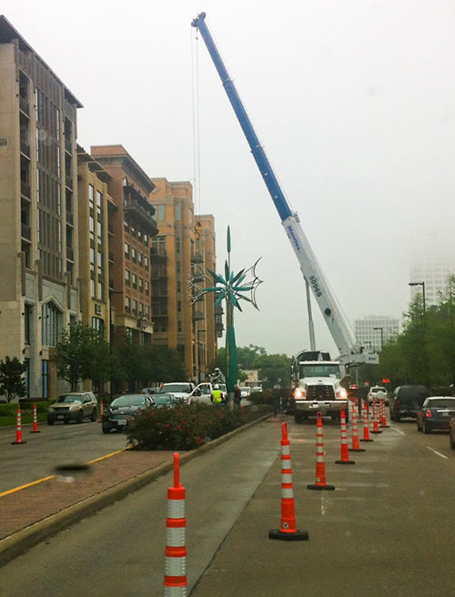 Installation of Tree and Three Flowers Sculpture on Kirby Dr. South of Westheimer, Upper Kirby, Houston