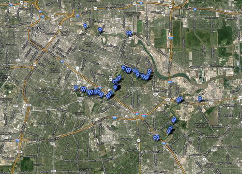 Map of Submerged Car Locations, Brays, Sims, and Buffalo Bayous, Houston