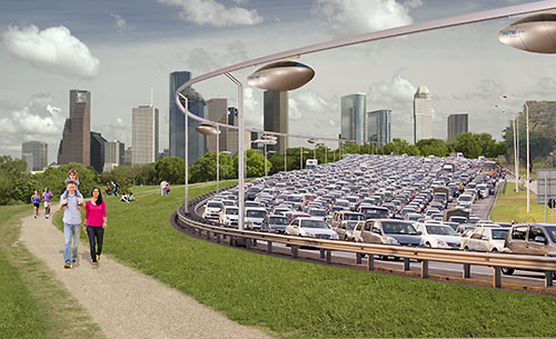 Rendering of skyTran Personal Rapid Transit System in Front of Downtown Houston