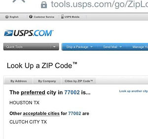 Screenshot of USPS.com, Showing Clutch City in 77002