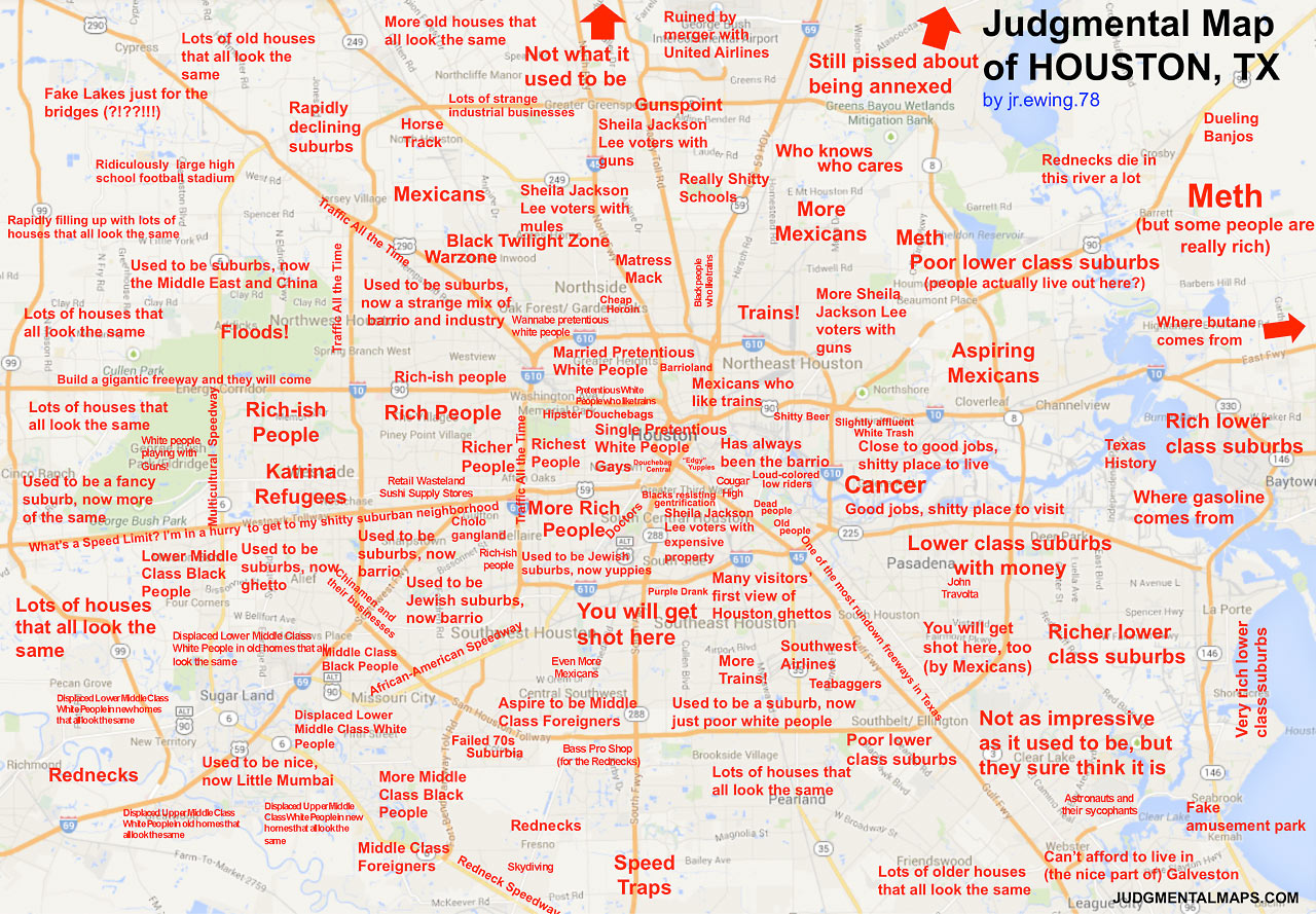 Red Labeled Map Of Houston Shows Snide Comments You Can Make About