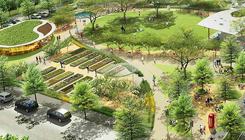 Rendering of Levy Park, 3801 Eastside St. at Richmond Ave., Upper Kirby, Houston