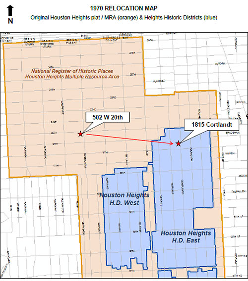 Relocation Map of 502 W. 20th St. to 1815 Cortlandt St., Houston Heights
