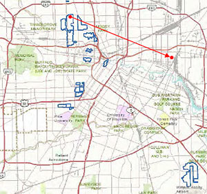 Relocation Map of 1815 Cortlandt St., Houston Heights to 1026 Lathrop St., Denver Harbor, Houston