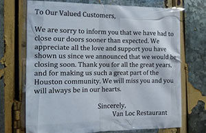 Goodbye Note, Van Loc Restaurant, 3010 Milam St., Midtown, Houston