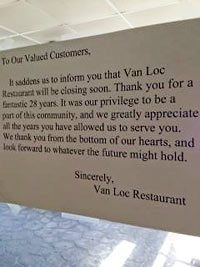 Notice Posted in Van Loc Restaurant, 3010 Milam St., Midtown, Houston
