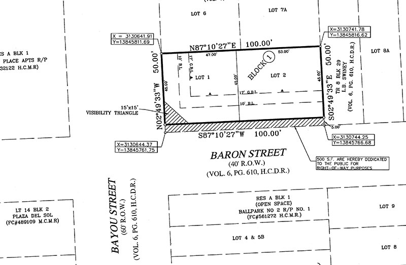 Replat of Property at Bayou St. and Baron St., Fifth Ward, Houston