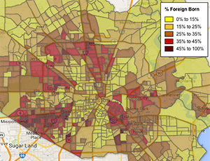 Map Showing Percentage of Foreign Born Residents, in Harris County, 2009 to 2013, According to American Community Survey
