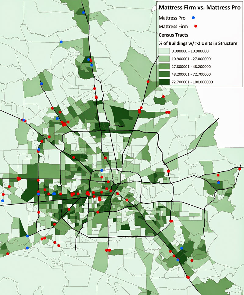 Map of Mattress Firm and Mattress Pro Locations, Houston