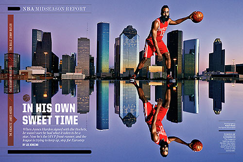 Photo by Robert Seale of James Harden in Front of Houston Skyline