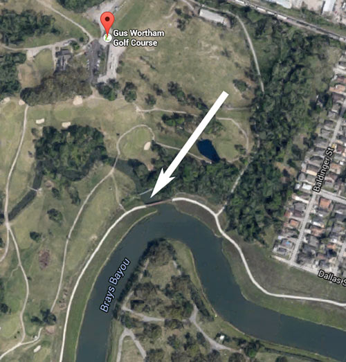 Site of Alligator in Brays Bayou at Country Club Bayou, Near Gus Wortham Golf Course, Forest Hill, Houston