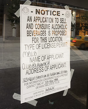 TABC Sign Posted at 723 Main St., Downtown Houston