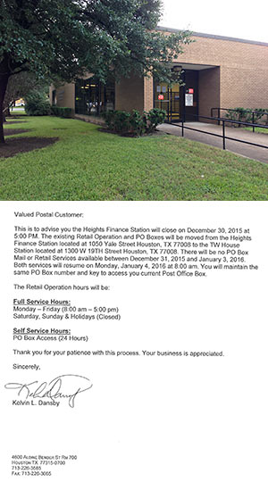 Yale St. Post Office Closure Notice