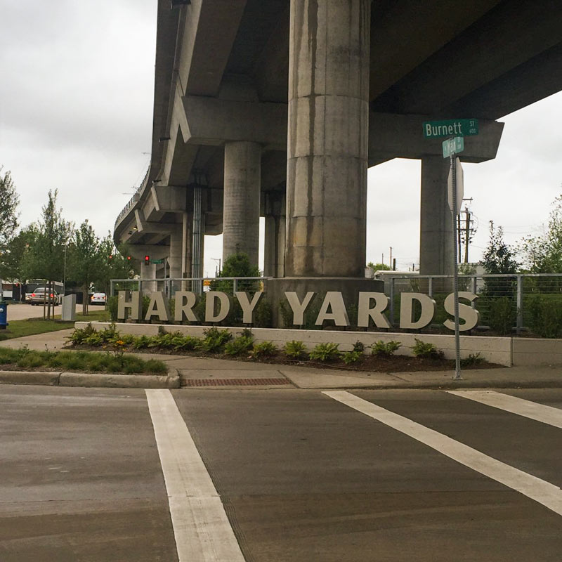 Hardy Yards sign, Burnett at Main St., Near Northside, Houston, 77026