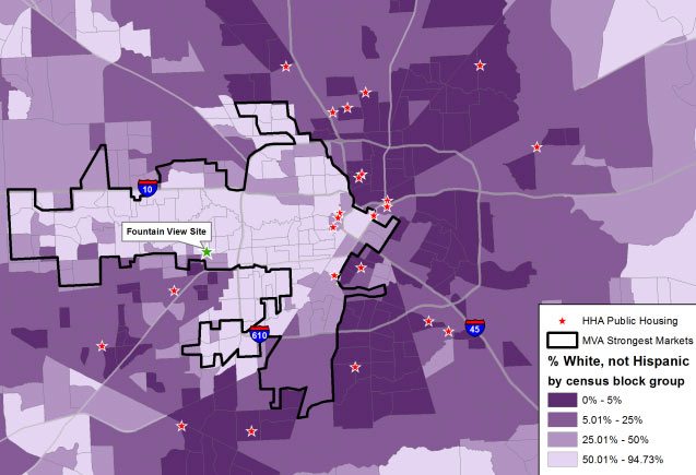 Demographic Map of Houston Census Blocks and Public Housing Projects, from Texas Housers