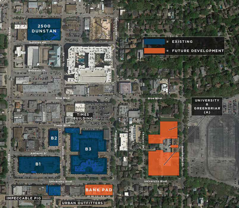 Rice Village existing and proposed development map, from Trademark