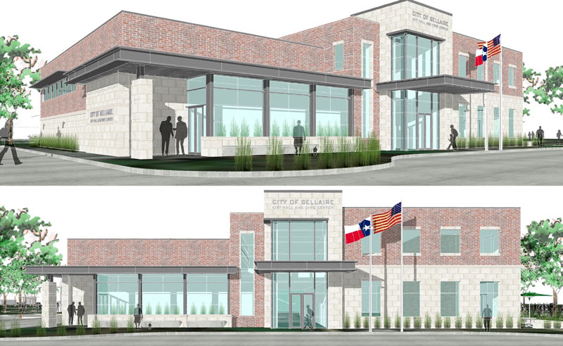 Civic Center rendering from S. Rice, Design Options for Bellaire Town Square Renovations, Bellaire, TX 77401