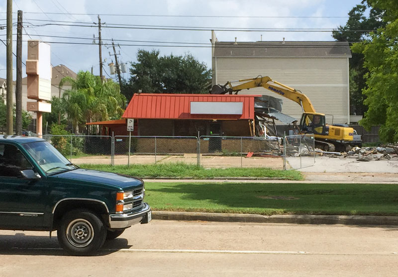 Demolition of former Pollo Bravo at 5440 Memorial Dr., Rice Military, Houston, 77007