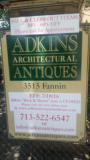 Closing Sale Sign at Adkins Architectural Antiques, 3515 Fannin St., Midtown, 77004 