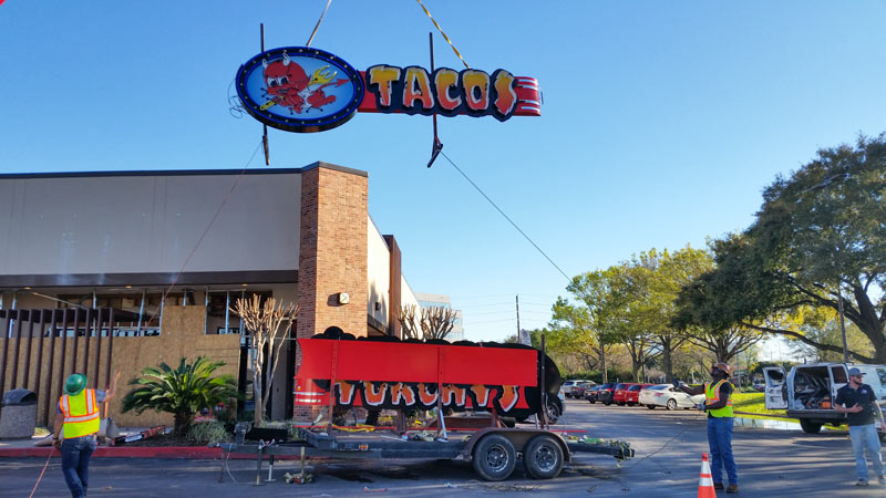 Torchy's Tacos sign installation at 10953 Westheimer Rd., Westchase, Houston, 77042