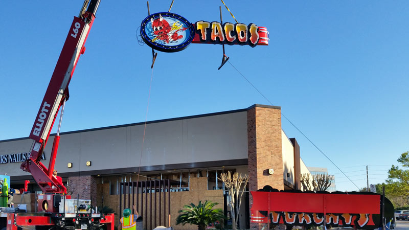 Torchy's Tacos sign installation at 10953 Westheimer Rd., Westchase, Houston, 77042